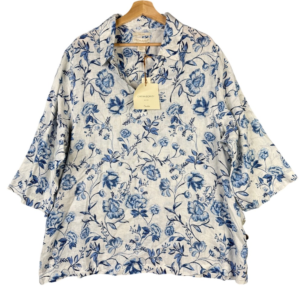 Cynthia Rowley Courbe 100% Linen Floral Print 3/4 Sleeve Blouse Plus Size 2X